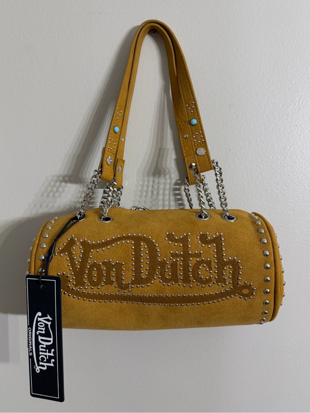 Von Dutch Barrel Bag - Long Barrel Brown Studded Purse